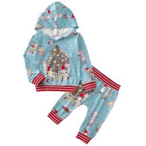 Baby Jongens En Meisjes Set Twee Stuk Lange Mouw Broek Unisex Kerst Festival Boom Print Hooded Sweater Broek Voor Baby set