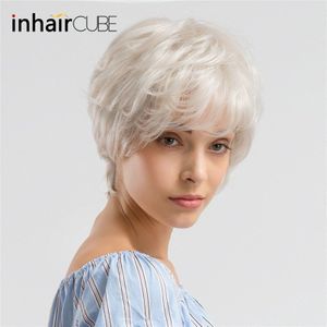 Inhair Cube Synthetische Blend Haar Natuurlijke Wave Korte Pruiken Met Pony Grijs Witte Pluizige Multilayered Pruik Voor Vrouwen Gratis