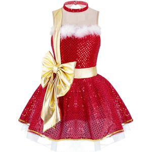Kids Meisjes Rood Goud Bandjes Strik Ronde Hals Mouwloos Mesh Pailletten Versierd Dans Turnpakje Jurk School Stage Dance Prestaties