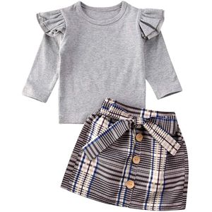 2Pcs Kids Baby Meisje Kleding Met Lange Mouwen T-shirt + Plaids Tutu Rok Jurk Outfits