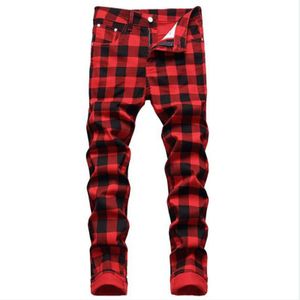 2022 Mannen Rode Plaid Gedrukt Broek Mens Slim Stretch Jeans Lente Trendy Rechte Broek