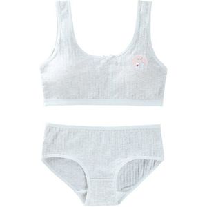 Puberteit Tieners Meisjes 2Pcs Sport Ondergoed Set Geribbelde Cute Bear Print Zoete Strik Padded Wirefree Training Beha En Bijpassende hi