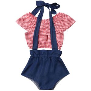 0-24 M Pasgeboren Peuter Baby Meisje Plaid Top Crop Denim Shorts Overalls Outfit Sunsuit