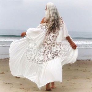 Boho Geïnspireerd Kimono Strand Draagt Vrouwen Tops Plus Size Witte Borduurwerk Chiffon Bikini Cover Ups Strand Blouse Vrouwen