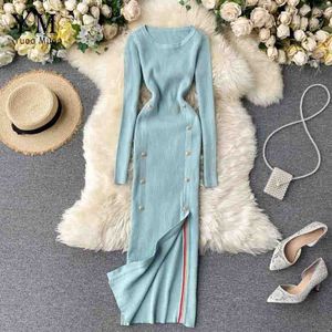 Yuoomuoo Elegante Vintage Double-Breasted Office Dames Jurk Herfst Winter Gebreide Lange Jurk Vrouwelijke Split Bodycon Jurk
