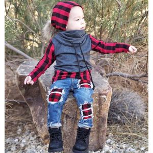 1-6 T Mode Baby Kids Jongens Plaid Lente Herfst Kleding Set Hoge Hals Lange Mouwen Tops Denim Jeans leggings Outfits Kleding