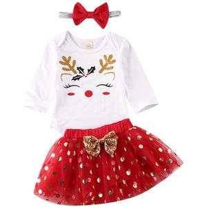 3Pcs Baby Kerst Kleding Sets Meisje Mijn 1st Romper Tops + Dot Tule Jurk + Hoofdband Outfits Party Kostuum