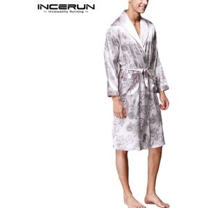 Incerun Mannen Pyjama Gewaden Kimono Casual Zachte Lange Mouw Badjas Chinese Stijl Gedrukt Nachtkleding Mode Nachtjapon Mannen Homewear