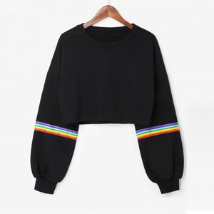 Rainbow Dames Lange Mouw Gestreepte Korte Hooded Sweater Trui Zwarte Trui Casual Top Hoodie Dames