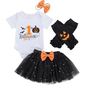 Pasgeboren Baby Meisje Halloween Outfits 4 Stuks Pak Brief Romper En Mode Sequin Gaas Rok En Hoofdband Been warmer