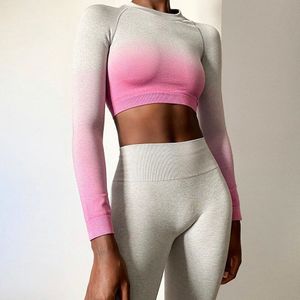 S-XL Ombre Yoga Set Lange Mouw Crop Top Shirt Naadloze Leggings Vrouwen Gym Set Kleding Workout Fitness Sportkleding Fitness