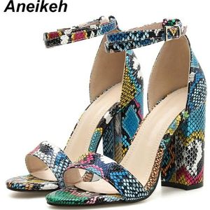 Aneikeh Mode PU Zomer Dames Sandalen Vrouwen Serpentine Gesp Open Ronde Neus Vierkante Hoge Hak Sandalen Kleurrijke 40