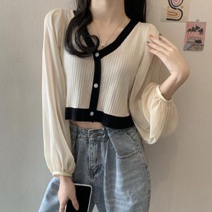 Gebreide Dunne Cropped Trui Shirts Meisjes Patched Chiffon Volledige Lantaarn Mouwen Truien Vest Crop Top Vest Vrouwelijke