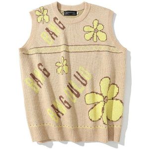 95% Katoen Vintage Knit Vest Mannen Truien Bloemenprint Bruin Herfst Jacquard Mouwloze Jumper Koreaanse Kleding