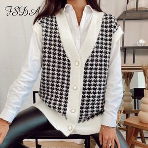 Fsda V-hals Houndstooth Vest Trui Mouwloze Losse Herfst Winter Oversized Top Casual Jumper Mode Vest