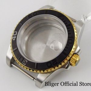 Bliger 40Mm Horloge Case Geborsteld Bezel Insert Fit NH35 NH35A Beweging Goud Gecoate Bezel Sapphire Crystal Rvs