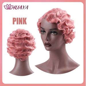 Huaya Korte Krullend Leuke Pruik Vinger Golven Afrikaanse Afro Synthetisch Haar Pruiken Voor Zwarte Vrouwen Hittebestendige Cosplay Pruik Blonde rood