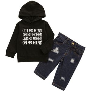 Kids Kinderen Baby Jongens Set Brief Print Capuchon + Ripped Jeans Set Casual Kleding Mode 2Pcs Outfit Herfst Lente