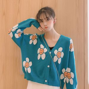 Vrouwen Koreaanse Stijl Bloemen Printing V-hals Gebreide Vesten Vrouwelijke Casual Oversized Alle-Wedstrijd Trui One Size