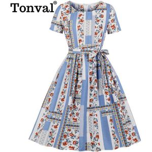 Tonval Kleur-Blok Bloemenprint Vintage Multicolor Jurk Vrouwen Ronde Hals Pocket Side Belted Casual Geplooide Dames Jurken