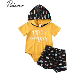 Baby Zomer Kleding Pasgeboren Baby Boy Tops Bodysuit Shorts Hooded Outfits Kleurrijke Cars Print Sunsuit Kleding