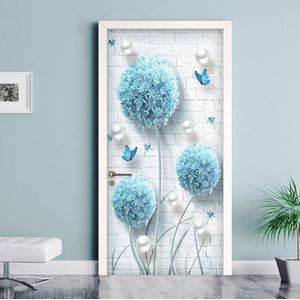 Deur Sticker 3D Stereo Blauw Paardebloem Sieraden Behang Woonkamer Slaapkamer Home Decor PVC Zelfklevende Waterdichte Deur Decals