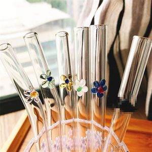 10 Stks/set Creatieve Bloem Glas Stro Herbruikbare Glas Rietjes Cleaner Brush Gebogen Glas Rietjes Voor Smoothies Sap Thee