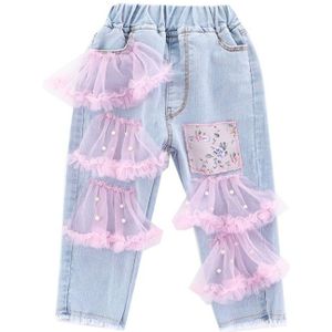 Roze Kant Tutu Jeans voor Meisjes Mode Denim Broek Tieners 2-12 Jaar Elastische Taille Jeans Rechte Gat Broek lente Zomer