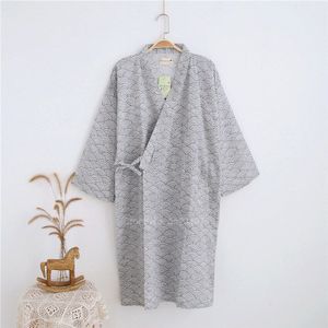 Katoen Sauna Nachtkleding Mannen Kimono Baden Gewaad Pyjama Wave Print Vintage Japanse Yukata Nachtkleding Ademend Dressing