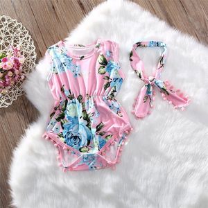 Zomer Mooie Baby Meisje Romper Kleding Bloemen Kwastje Jumpsuit Hoofdband 2 Stuks Outfit Sunsuit Kleding Sets