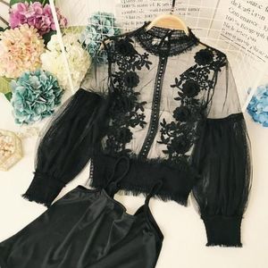 Lente Vrouwen Tops Sexy Sheer Lace Blouse Lantaarn Mouwen 3D Bloemen Blouses Shirts Elegante Top Blusas Femininas