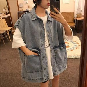 Vesten Vesten Vrouwen Denim Jas Losse Vintage Basic Cool Street Wear Womens Studenten Koreaanse Stijl Alle-Match Cargo Mouwloze