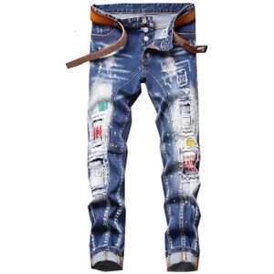 Jeans Heren Bottom Denim Broek Blauw Applicatie Patch Verf Ripped Gaten Wilde Esdoornblad Icoon Persoonlijkheid