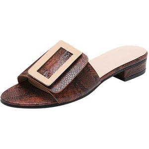 Beyarneflat Slippers Vrouwen Hak Blote Gespen Snake Skin Print Grain Peep Puntschoen Slippers Hoof Hakken Elegante Schoenen Vrouw