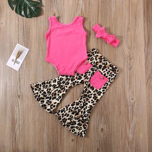 Baby Meisjes Kleding Sets 3Pcs Mouwloze Tops Romper Leopard Flared Broek Hoofdband Pasgeboren Baby Girl Outfits 0-24M