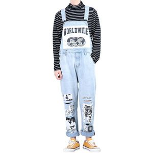 Sokotoo mannen patroon gedrukt lichtblauw ripped denim bib overalls Streetwear doodle geschilderd jumpsuits Jeans