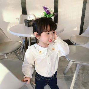 Meisjes Witte Pop Kraag Shirt Herfst Zoete Meisjes Effen Kleur Zon Bloem Kraag Vest Overhemd