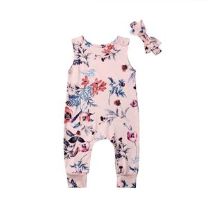 Baby Baby Meisje Bloemen Jumpsuit Een Stuk Zomer Mouwloze Bloemenprint Romper Hoofdbanden Outfits Kleding Baby Meisjes 0-24 M