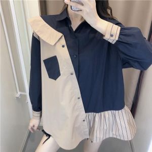 Neploe Contrast Kleur Patchwork Gestreepte Blouse Herfst Lente Retro Single Breast Pocket Blusas Geplooide Losse Shirt48215