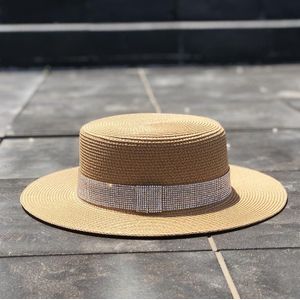 Lente Zomer Retro Gold Gevlochten Platte Kop Strooien Hoed Dame Brede Dakranden Zonnebrandcrème Zonnehoed Diamant Cap