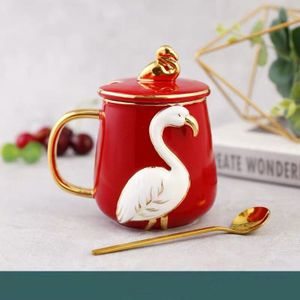 Flamingo Keramische Mok Cup Paar Koffie Cup 3D Handgeschilderd Patroon Rood Groen 400 Ml Creatieve Kantoor Water Mok