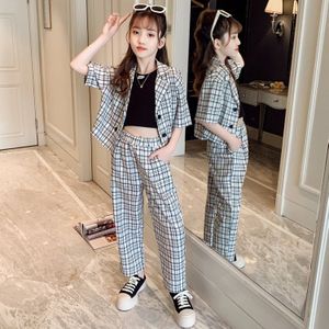 Summer Girls Suit 2022 Plaid Short Sleeve Blazer Vest Pants 3pcs Children&#39;s Clothing Set Casual School Teenage Kids Outfits