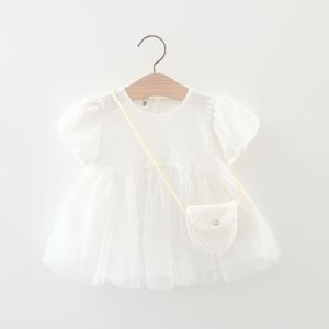 2022 Koreaanse Baby Zomer Jurk Met Tas Bladerdeeg Mouw Schattige Prinses Jurken Voor Kinderen Kleding Roze Wit Verjaardag Jurk Voor peuter