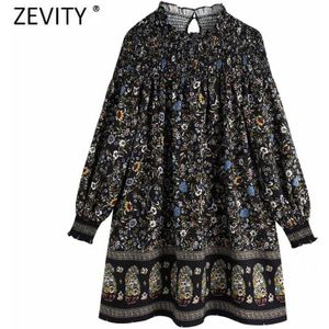 Zevity Vrouwen Vintage Totem Bloem Hof Mini Jurk Femme Lange Mouw Kimono Vestido Chic Casual Elastische Jurken DS4480