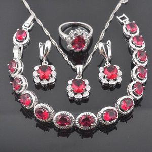 Zirconia Sieraden Sets Vrouwen Kostuum Rode Kristallen Oorbellen Ring Armband Bruiloft Ketting Set QS0402