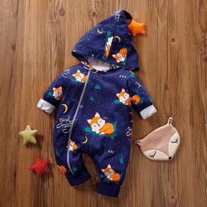 Baby Jongens Meisjes Herfst Rompertjes Lange Mouw Capuchon Rits Leuke Fox Print Jumpsuit Pasgeboren Playsuit Baby Kleding