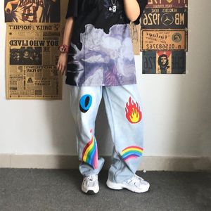 Mode Straat Hiphop Denim Jeans Mannen Regenboog Koreaanse Stijl Losse Casual Oversize Straight Leg Harembroek
