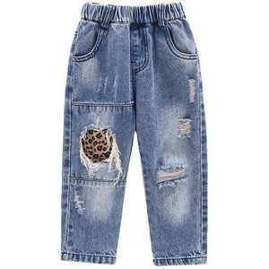 Lente Baby Meisjes Gescheurde Jeans Mode Peuter Kinderen Denim Broek Kinderen Broek Print Leopard Casual Jeans