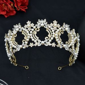 Dames Kroon,Gouden Vintage Strass Barokke Koningin Kroon Prinses Tiara Meisjes Delicate Parels Ronde Bruid Kroon Voor Bruiloft Verjaardag Pageant Haaraccessoires