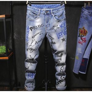 Mens Brief Print Slanke Blauwe Jeans Mode Schilderen Hip Hop Broek # A004